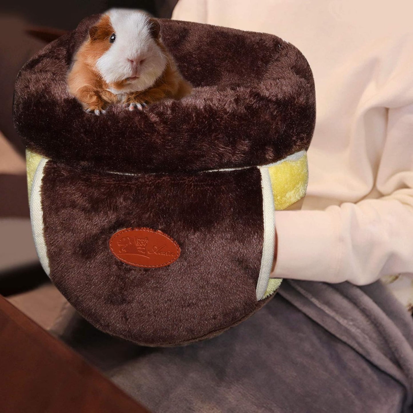 Guinea Pig Bed Cuddle Cave, Warm Fleece Hideout, Brown | Guinea Pig Cuddle Cave Cozy House, Portable Guinea Pig Hideout, Soft Coral Fleece, Washable Cushion