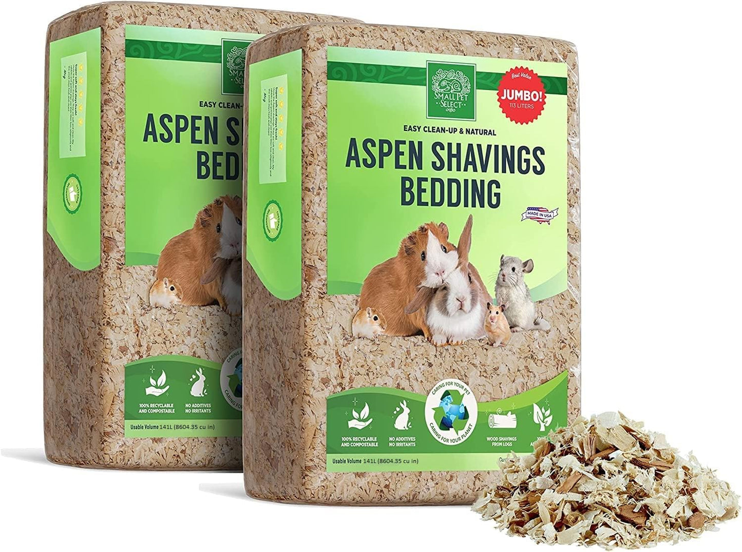 Premium Natural Aspen Bedding, Animal Bedding for Small Indoor and Outdoor Pets, Made in the USA, Jumbo Size 282 L (2 Pack, 141 L Each) | Natural Wood Bedding, Low Dust, Made in USA, for Indoor & Outdoor Small Pets, Two 141 L Bags, 282 L Total