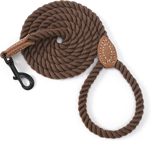 Dog Leash Braided Cotton Rope with Leather-Reinforced Ends | Rust-Proof 360° Swivel Clasp, Heavy-Duty for Medium/Large Dogs. Great for Weddings, Daily Walks (4 FT, 1/2", Dark Brown)