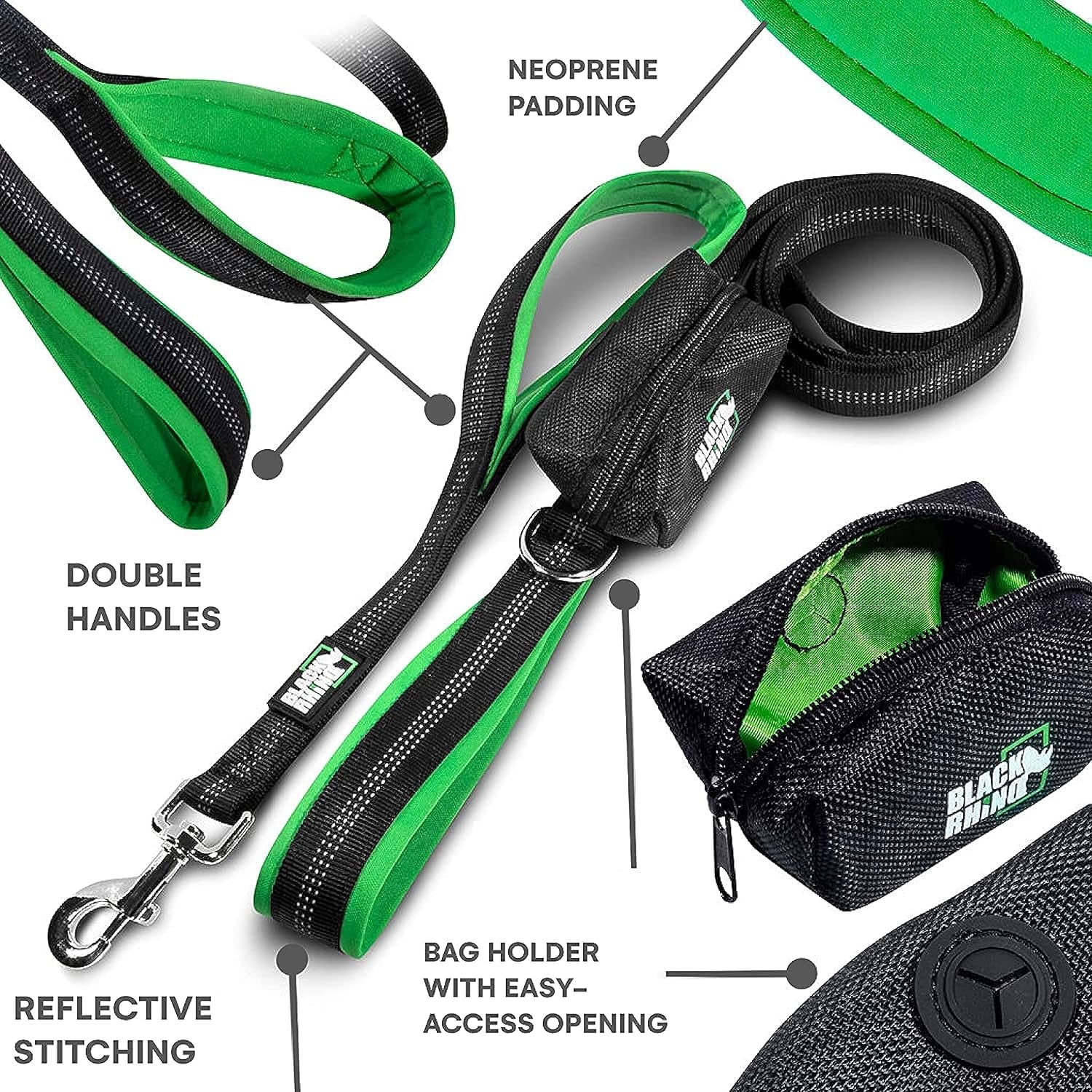 6 Ft Long Heavy Duty Dog Leash with Traffic Handle for Medium and Large Dogs - Padded Neoprene Dual Handles, Bag and Clip - Reflective, Durable, and Weather Resistant - Green