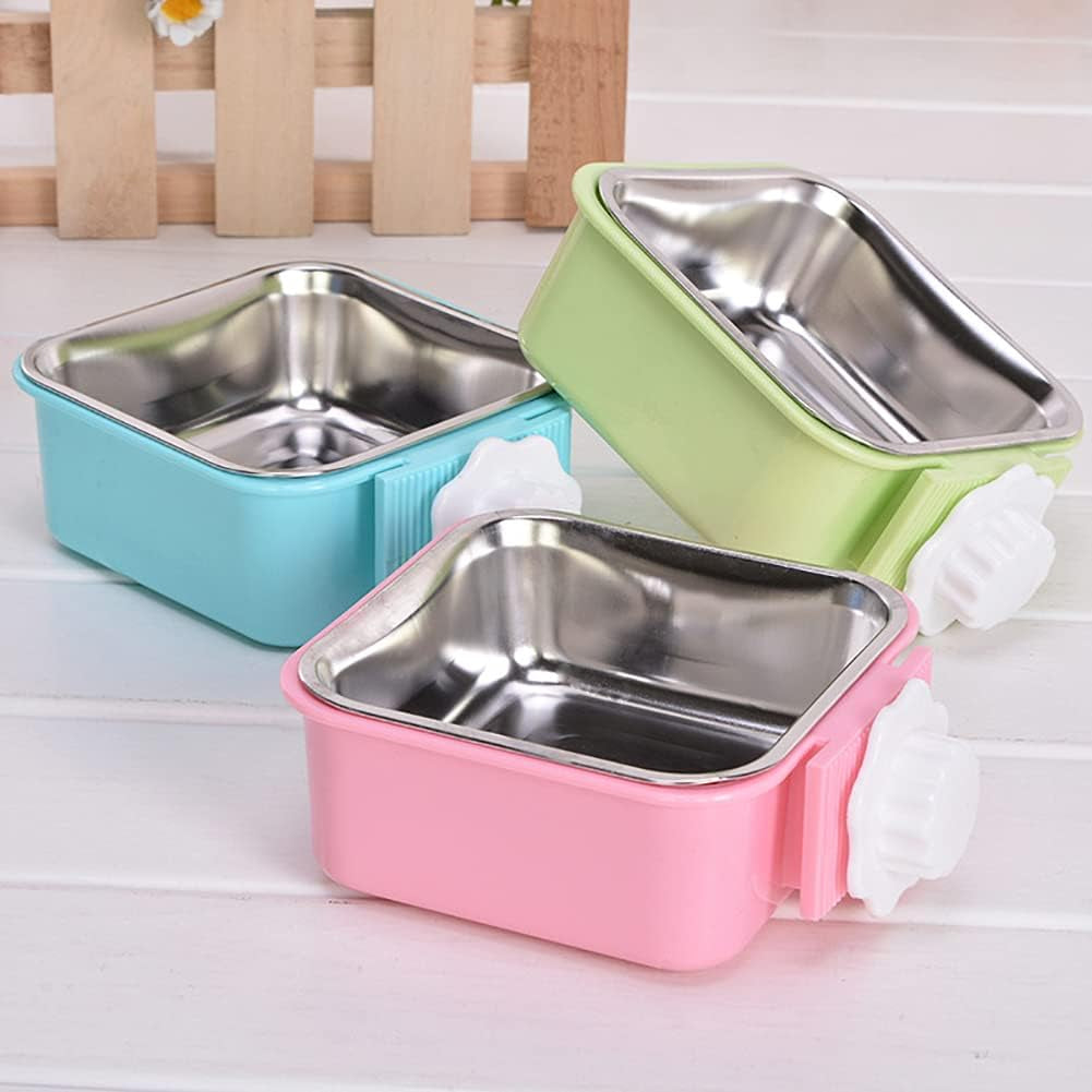 Crate Dog Bowl,Removable Stainless Steel Water Food Feeder Bowls Crate Coop Cup,Pet Cage Bowls with Bolt Holder for Cat, Puppy, Birds, Rats, Rabbits Small Animals ((Blue+Green+Pink) Square, Samll)