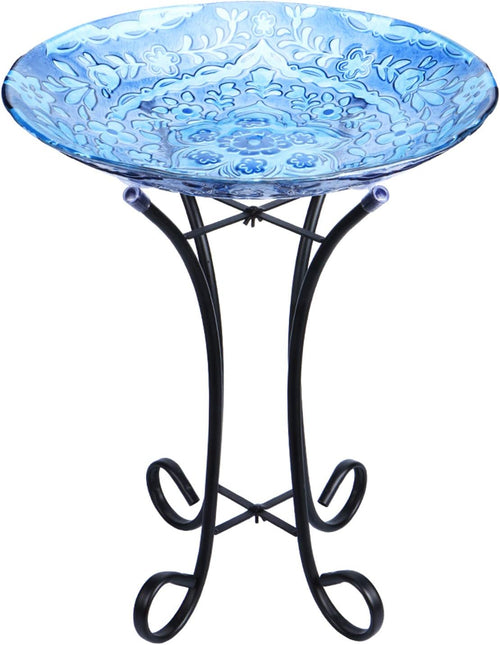 Outdoor Glass Bird Baths with Metal Stand for Lawn Yard Garden Decor | 18 Inch Diameter 21.65 Inch Height Outdoor Large Glass Bird Bath Bowl with Freestanding for Backyard Garden Decoration