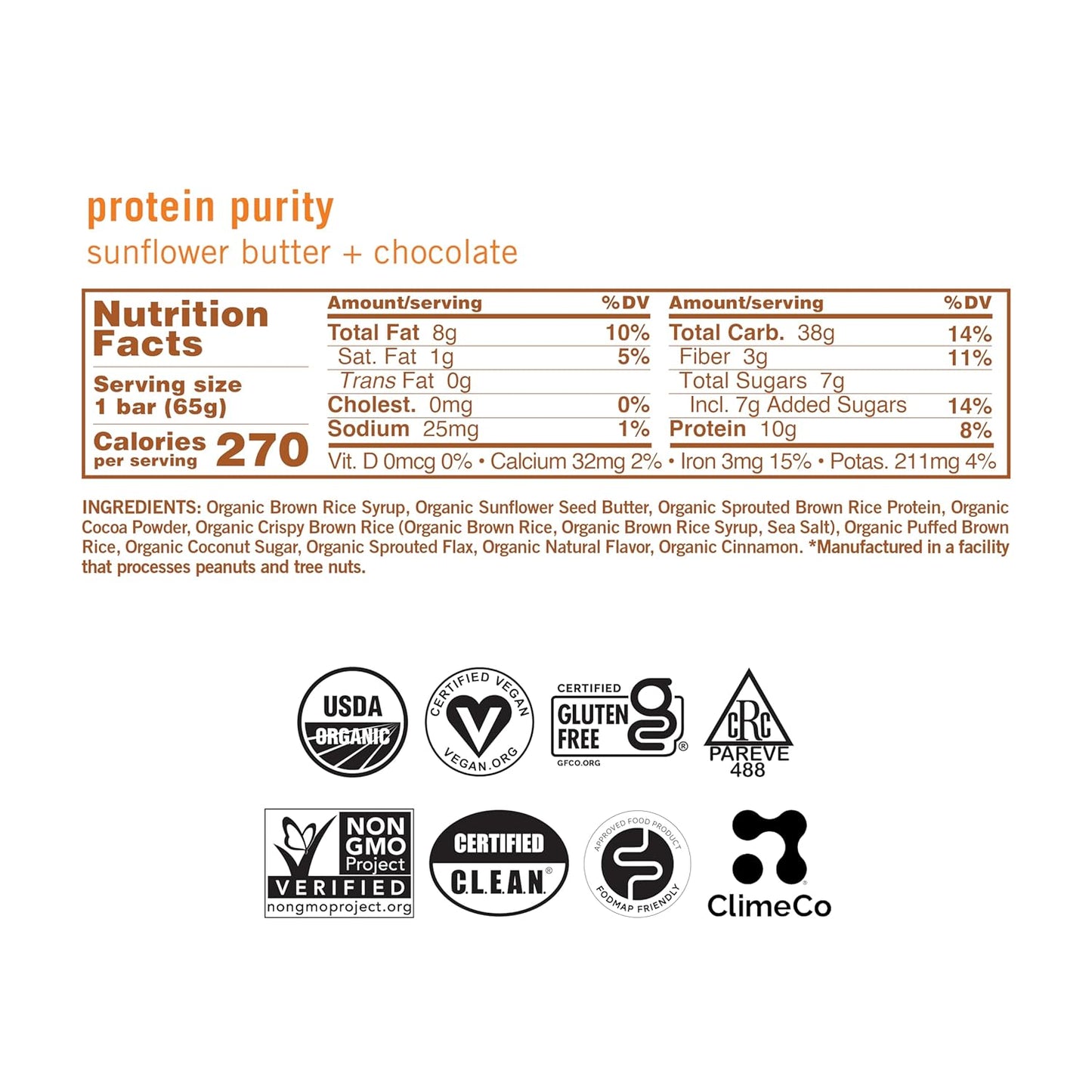 , Bar Protein Purity Sunflower Butter Chocolate Organic, 12 Count, 2.3 Ounce