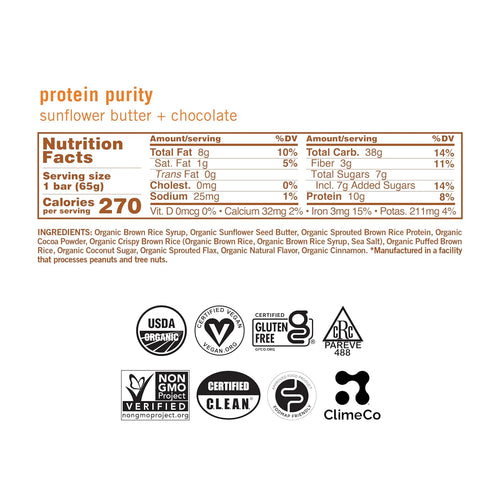 , Bar Protein Purity Sunflower Butter Chocolate Organic, 12 Count, 2.3 Ounce