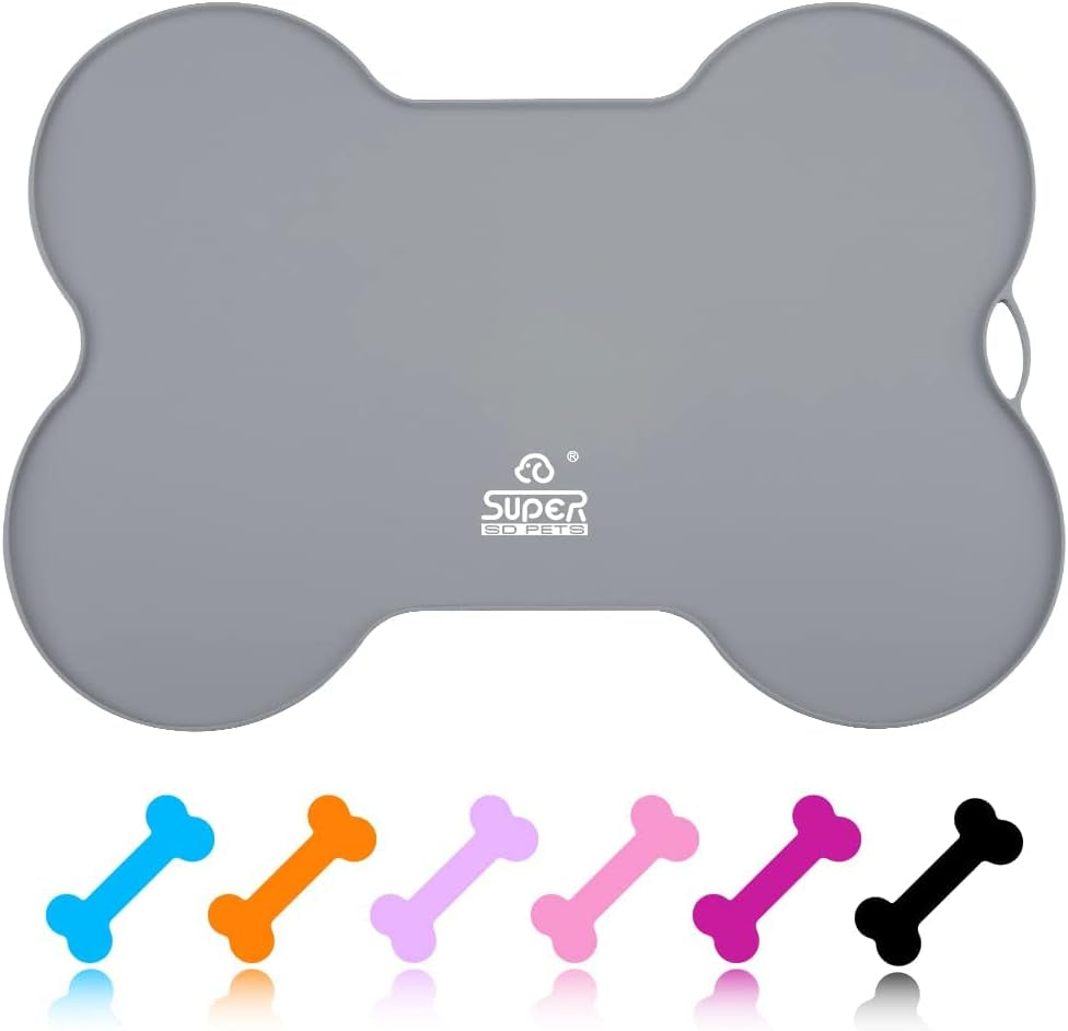 Dog Food Mat Dog Bowl Tray for Food and Water, Silicone Non-Spill Waterproof Pet Feeding Mat Puppy Placemat Easy-Clean, 20.5" X 14.5", Grey