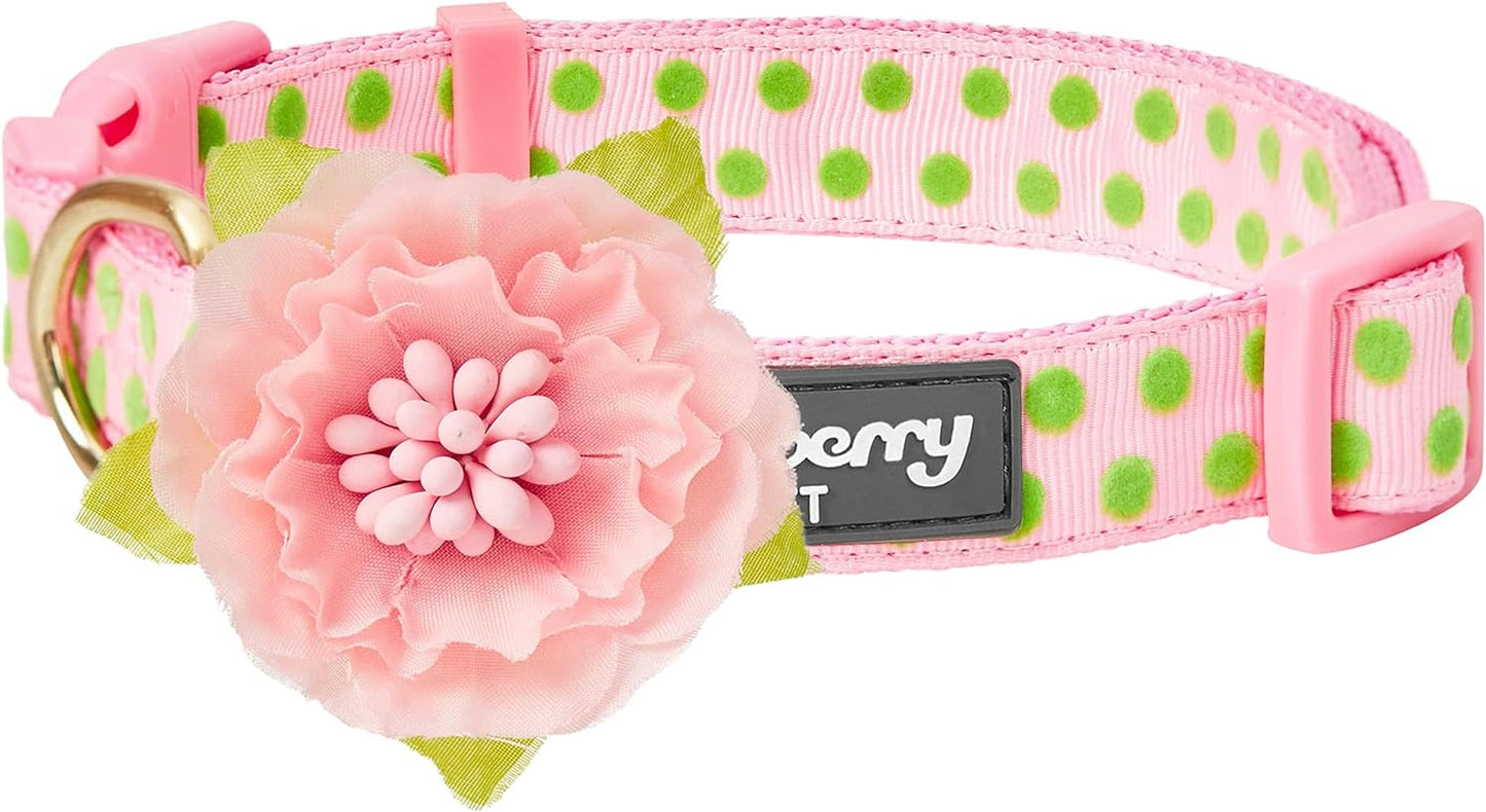 Adjustable Flocking Dog Collar with Silk Flower, Pink Dog Collar for Girls, Medium, 14.5"-20" Neck, 3/4" Width, Girl Dog Collars for Small Dogs