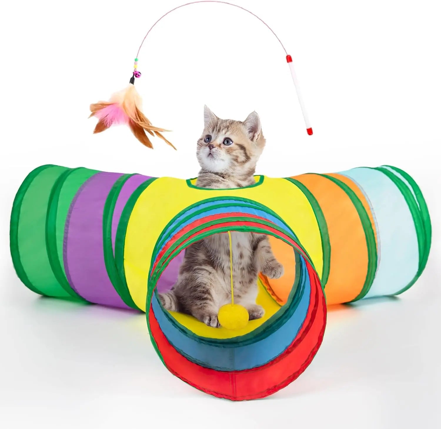 3-Way Collapsible Tunnel Cat Toy with Ball & Peek Hole for Indoor Cats & Kittens