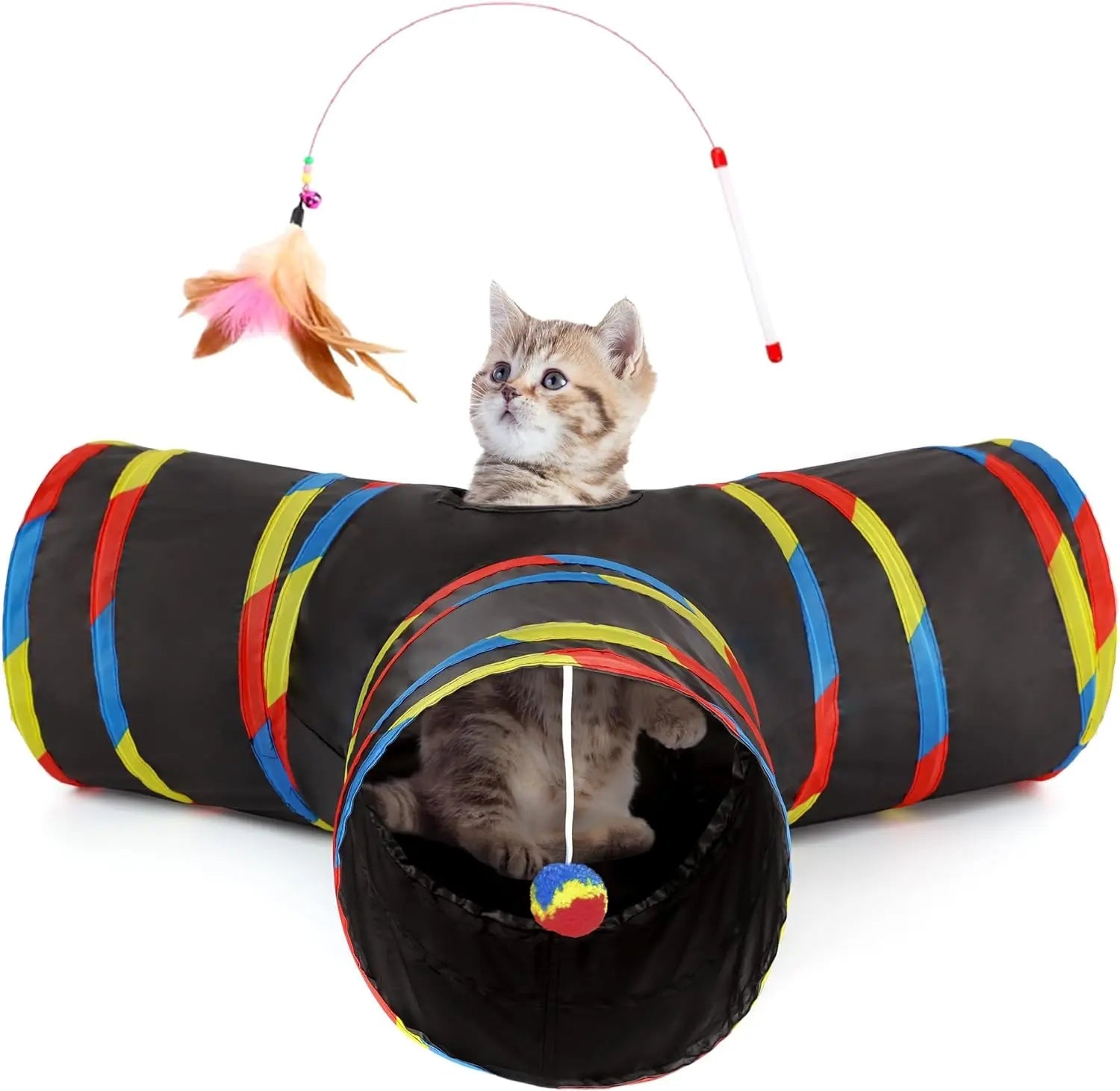 3-Way Collapsible Tunnel Cat Toy with Ball & Peek Hole for Indoor Cats & Kittens