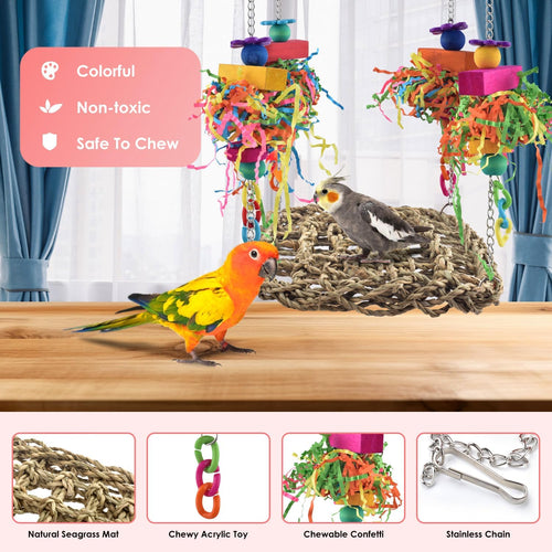 Bird Toys, Grass Swing Hammock Climbing Toy for Parrot Parakeet | Natural Grass with Colorful Chew Toys, Climbing and Resting Toys for Small and Medium Pet Birds