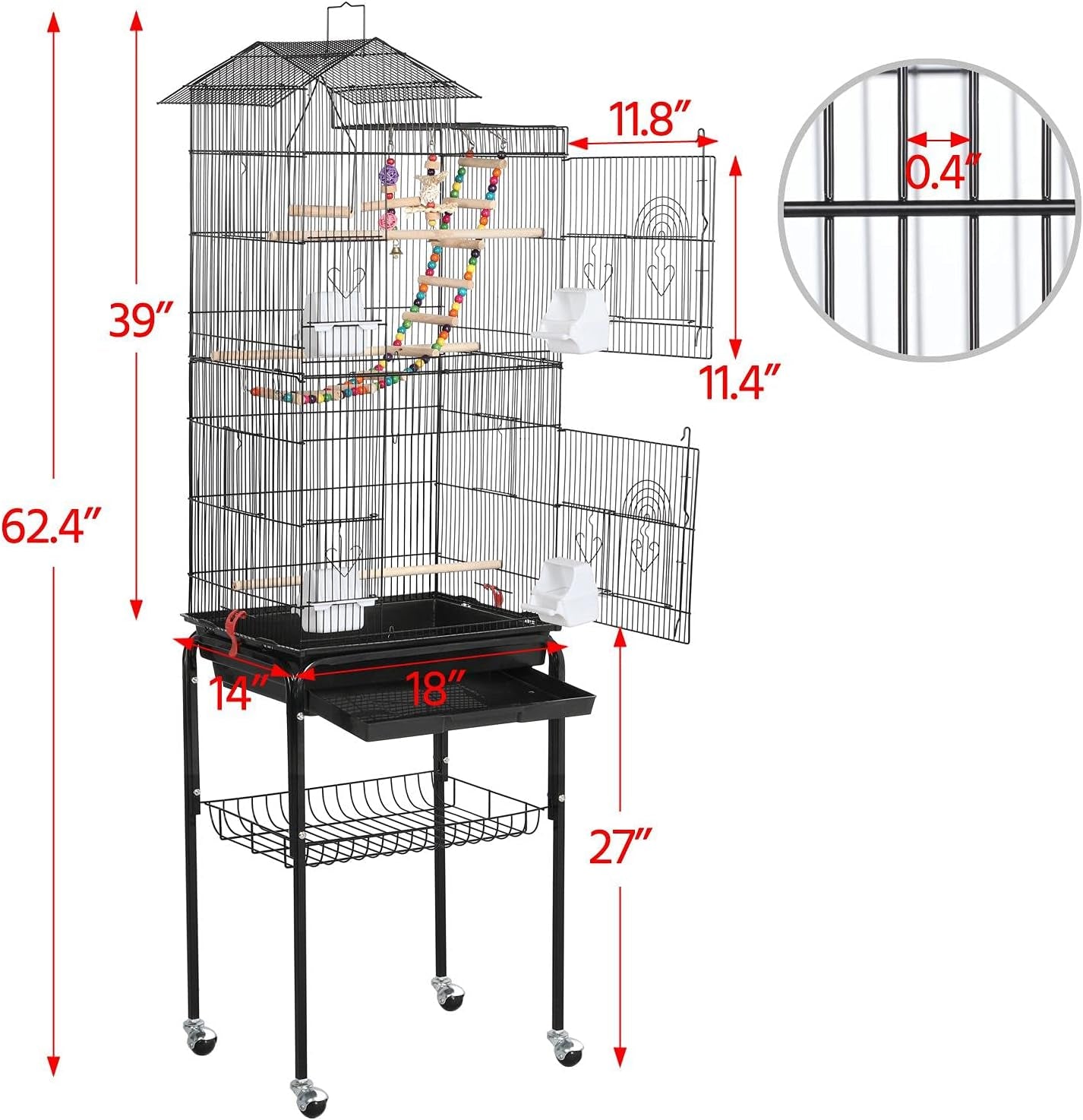 Yaheetech Bird Cage 64'' Medium Small Parrot Parakeet Bird Cages with Detachable Rolling Stand for Parrot Lovebirds Finches Parakeets Budgie Parrotlet Conures, Pet Flight Birdcage