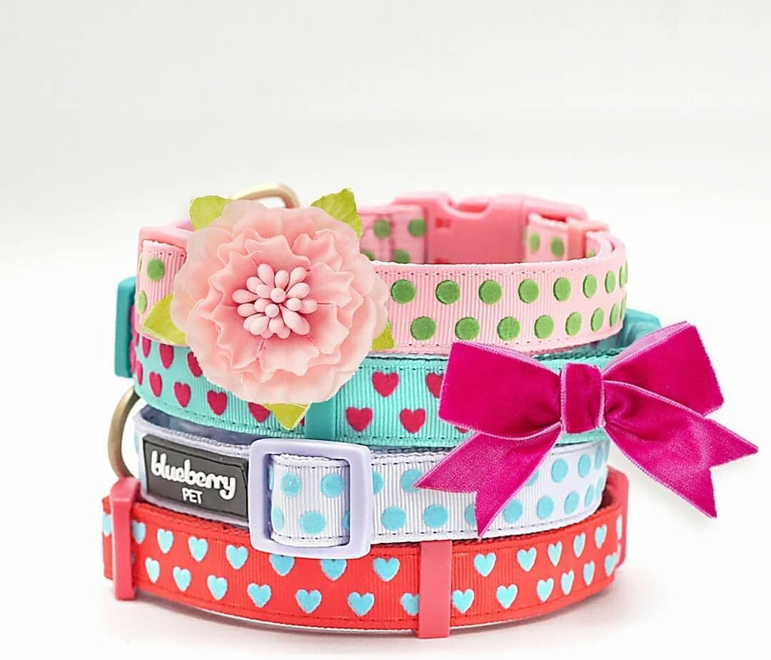 Adjustable Flocking Dog Collar with Silk Flower, Pink Dog Collar for Girls, Medium, 14.5"-20" Neck, 3/4" Width, Girl Dog Collars for Small Dogs