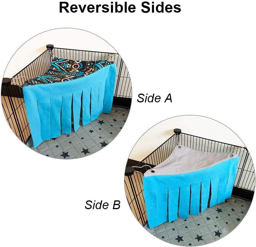 Guinea Pig Hideout Hideaway Corner Fleece Toys Cage Accessories | Reversible Sides | Soft Fleece Fabric | Come with Hooks | Guinea Pig Hammock for Small Animals | Blue, Triangle