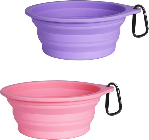 2-Pack Silicone Collapsible Dog Bowls, BPA Free Dishwasher Safe, Portable Foldable Expandable Travel Bowl, Food Water Feeding Cup Dish for Dogs Cats with 2 Carabiners (Purple, Pink) | 20 Oz, Silicone, Foldable Expandable Cat Feeding Cup Dish, 2 Carabiners, BPA Free, Dishwasher Safe (Purple, Pink)