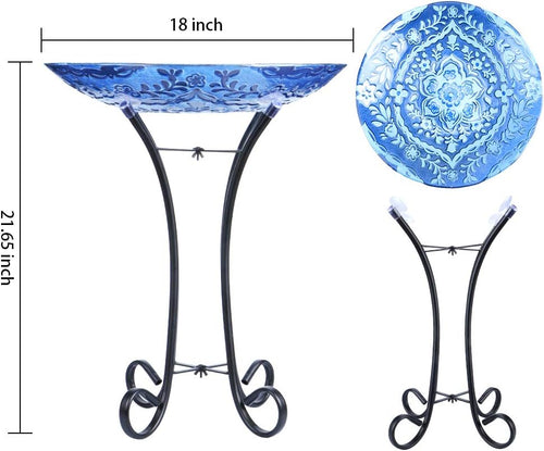 Outdoor Glass Bird Baths with Metal Stand for Lawn Yard Garden Decor | 18 Inch Diameter 21.65 Inch Height Outdoor Large Glass Bird Bath Bowl with Freestanding for Backyard Garden Decoration