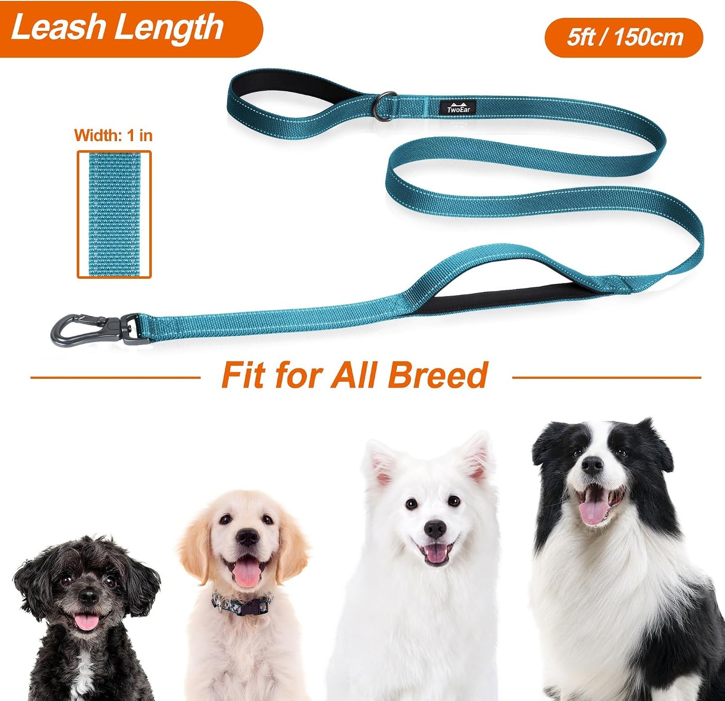 5FT 1IN Heavy Duty Dog Leash for Large Dogs with 2 Padded Handles | Traffic Handle Extra Control, Auto Lock Hook, Strong Reflective Walking Leash for Night Safety, Medium and Large Breeds,Blue