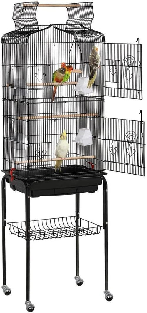 Yaheetech 64'' Open Top Bird Cage for Parakeets & Cockatiels, Black | Detachable Rolling Stand, Easy-Clean Slide Tray, Multi-Door Access, 3/8" Bar Spacing, Indoor/Outdoor Use
