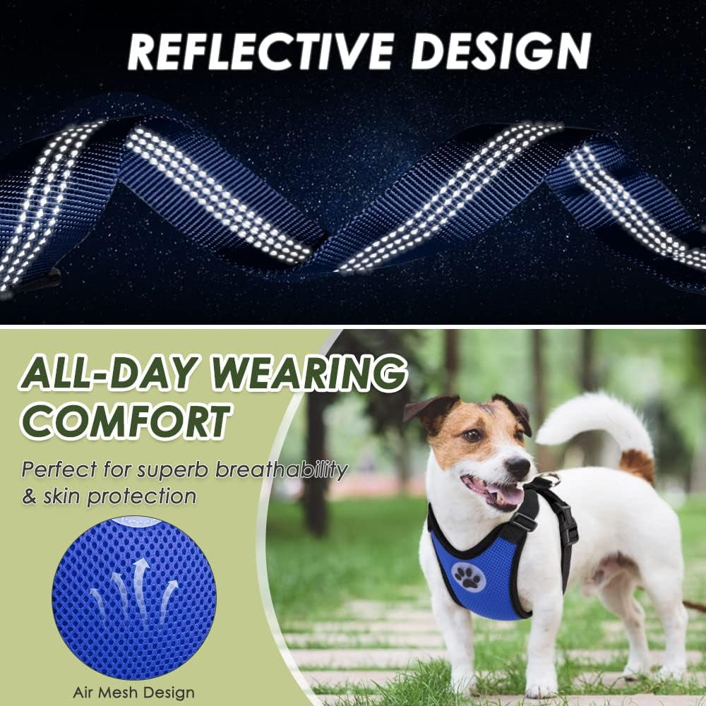 Dog Car Harness Seat Belt, Dual Connection Seatbelt Plug & Latch | Breathable Soft Padded Mesh Vest, Adjustable, Reflective, Elastic Tether Safe Travel for Small Medium Large Dogs (Blue, M)