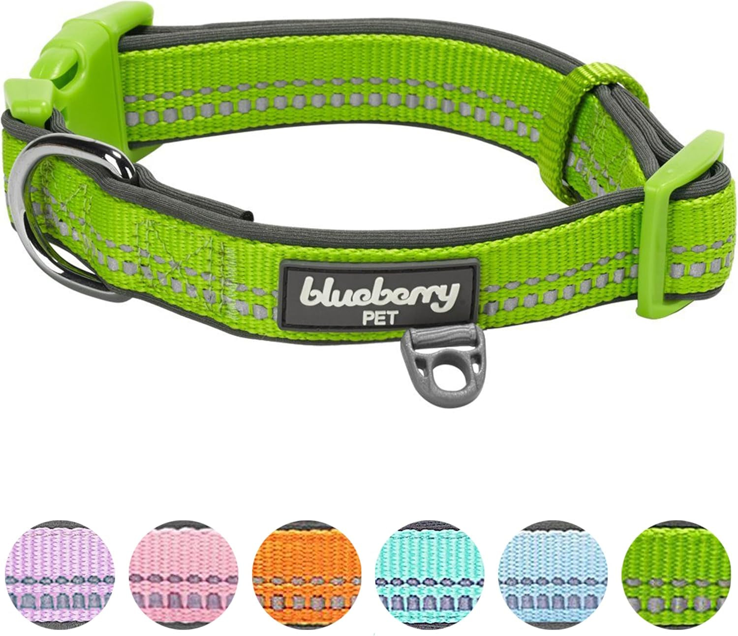 Dog Collar, Adjustable Dog Collars for Small Dogs, Reflective Puppy Collar with Neoprene Padding, Green Flash, 12"-16" Neck, Eco-Friendly, Award-Winning Safety
