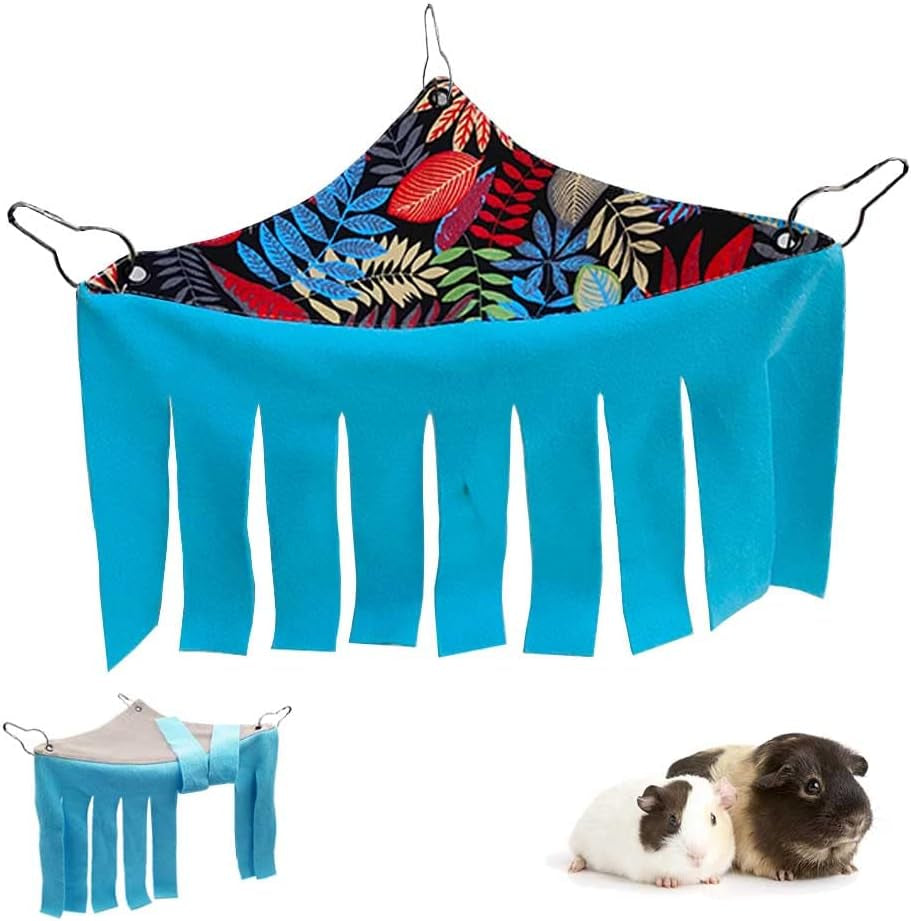 Guinea Pig Hideout Hideaway Corner Fleece Toys Cage Accessories | Reversible Sides | Soft Fleece Fabric | Come with Hooks | Guinea Pig Hammock for Small Animals | Black Leaves, Triangle