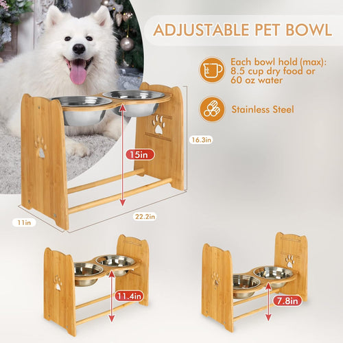 Elevated Dog Bowls for Cats and Dogs, Adjustable Bamboo Raised Dog Bowls for Large Dog, Food and Water Stand Feeder with 2 Stainless Steel anti Slip Feet (Height 7.9" to 11.4" to 15")…