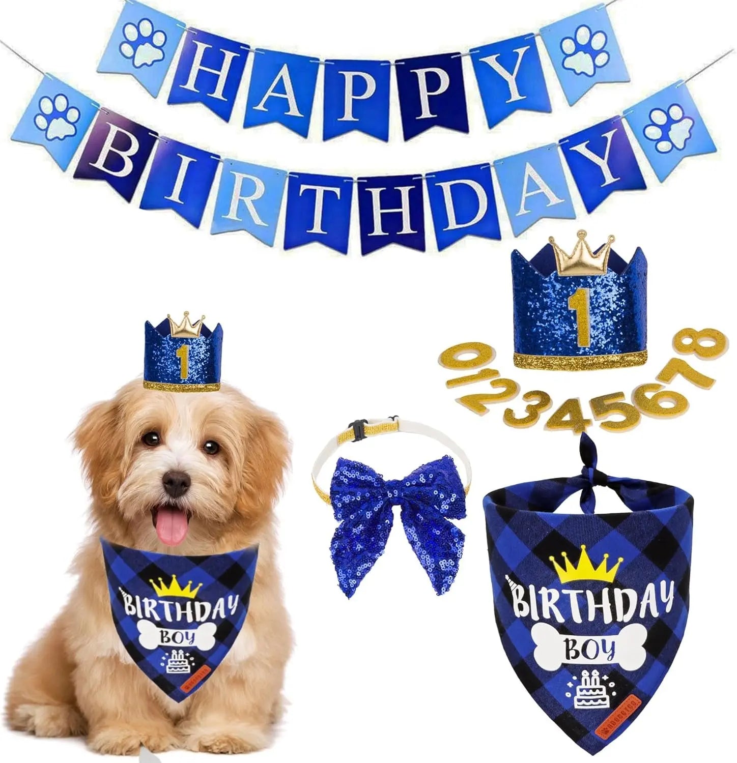 Dog Birthday Bandana, Party Hat & Bow Tie Set for Small- Large Dogs