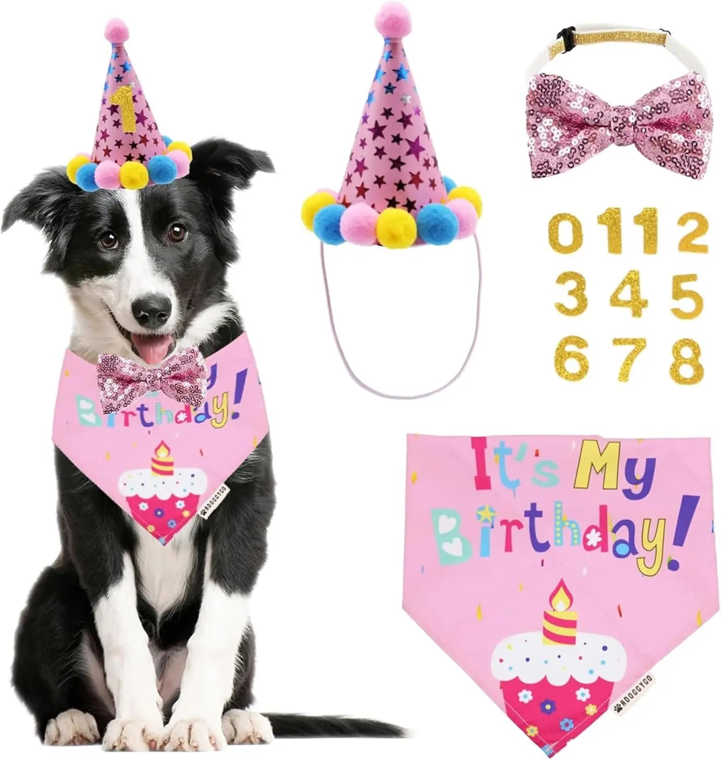 Dog Birthday Bandana, Party Hat & Bow Tie Set for Small- Large Dogs