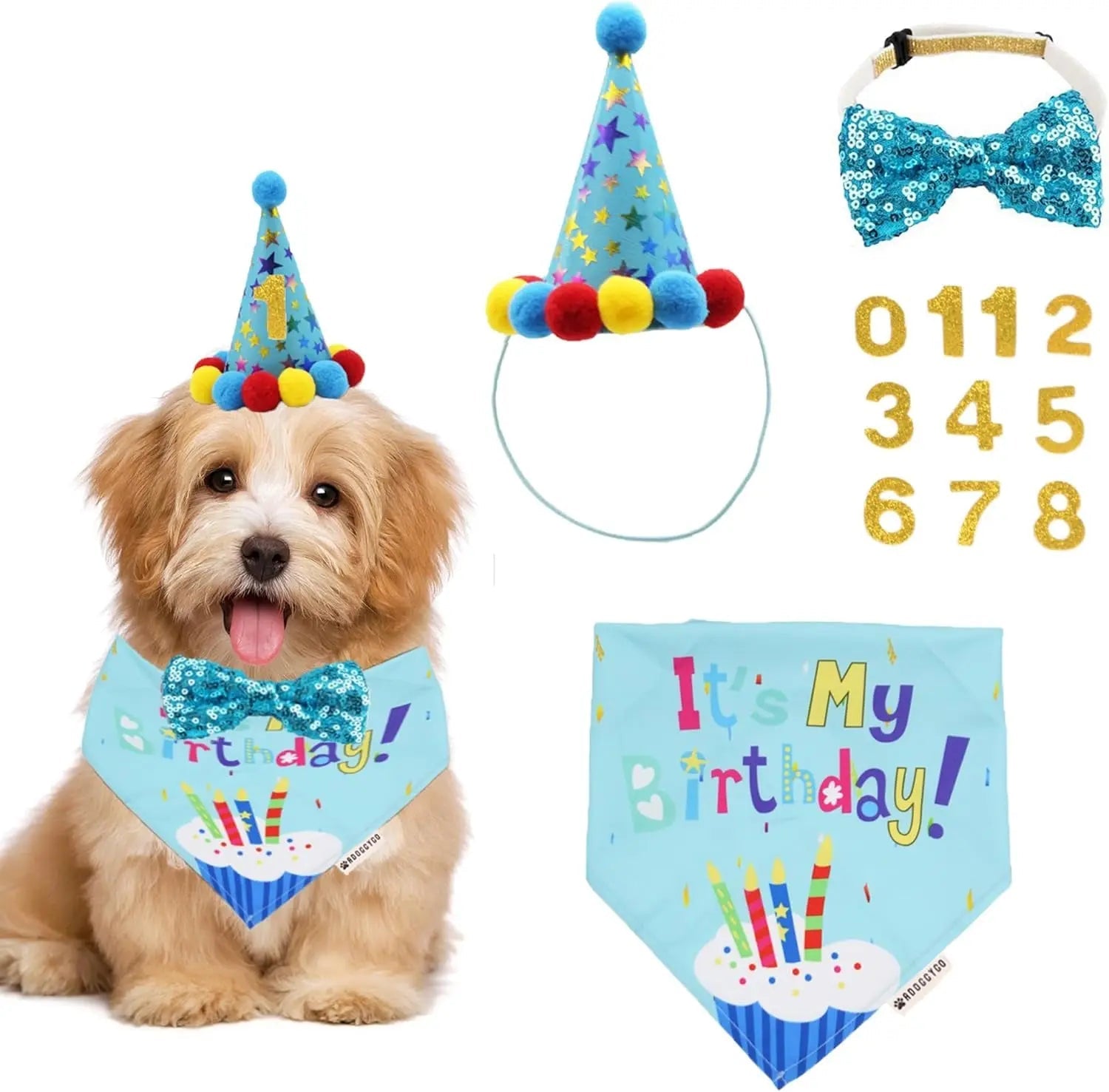 Dog Birthday Bandana, Party Hat & Bow Tie Set for Small- Large Dogs