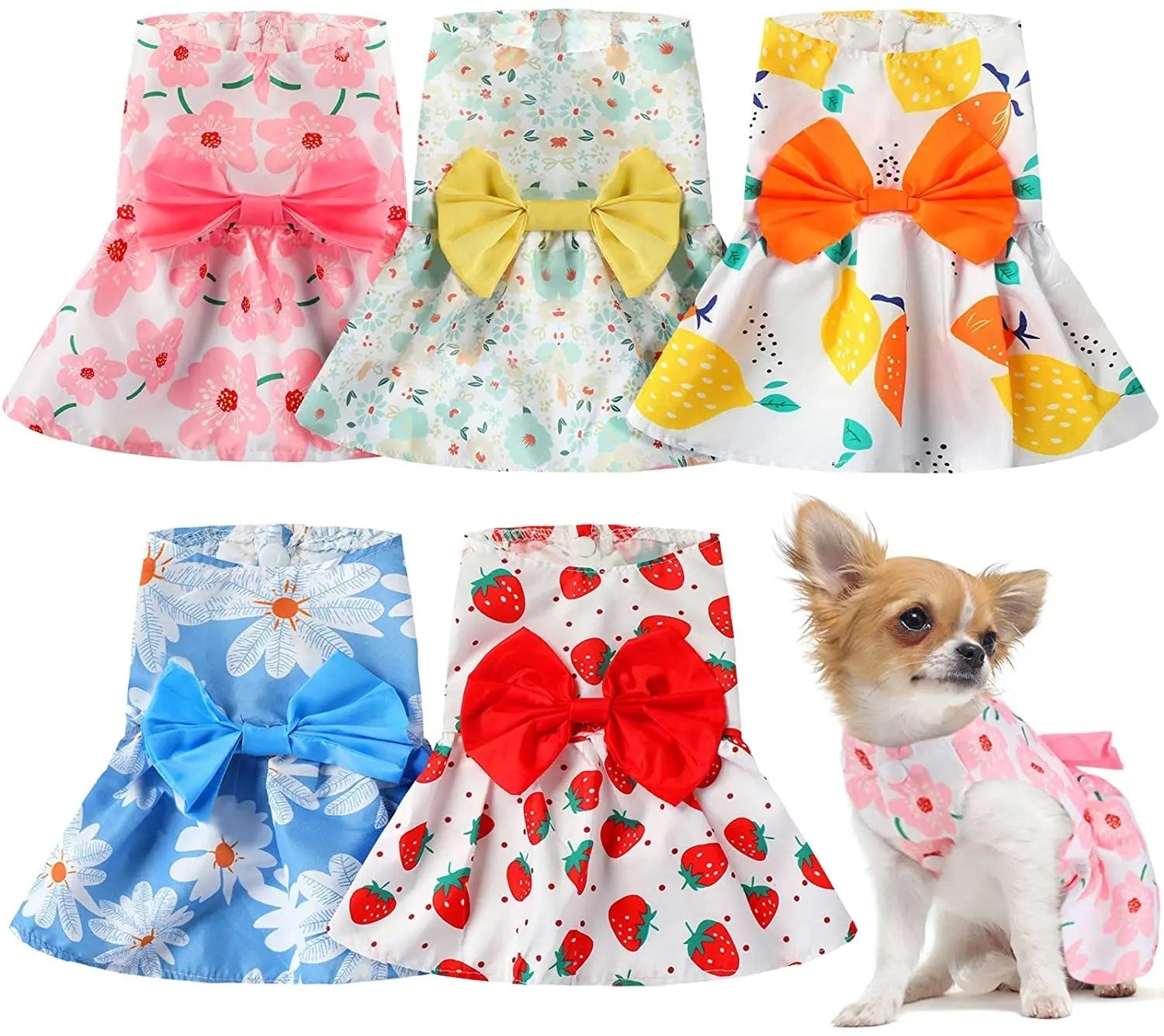 Floral Dog Dress Set Bow Summer Puppy Skirt Outfit Small Dogs Cats 5 Pack