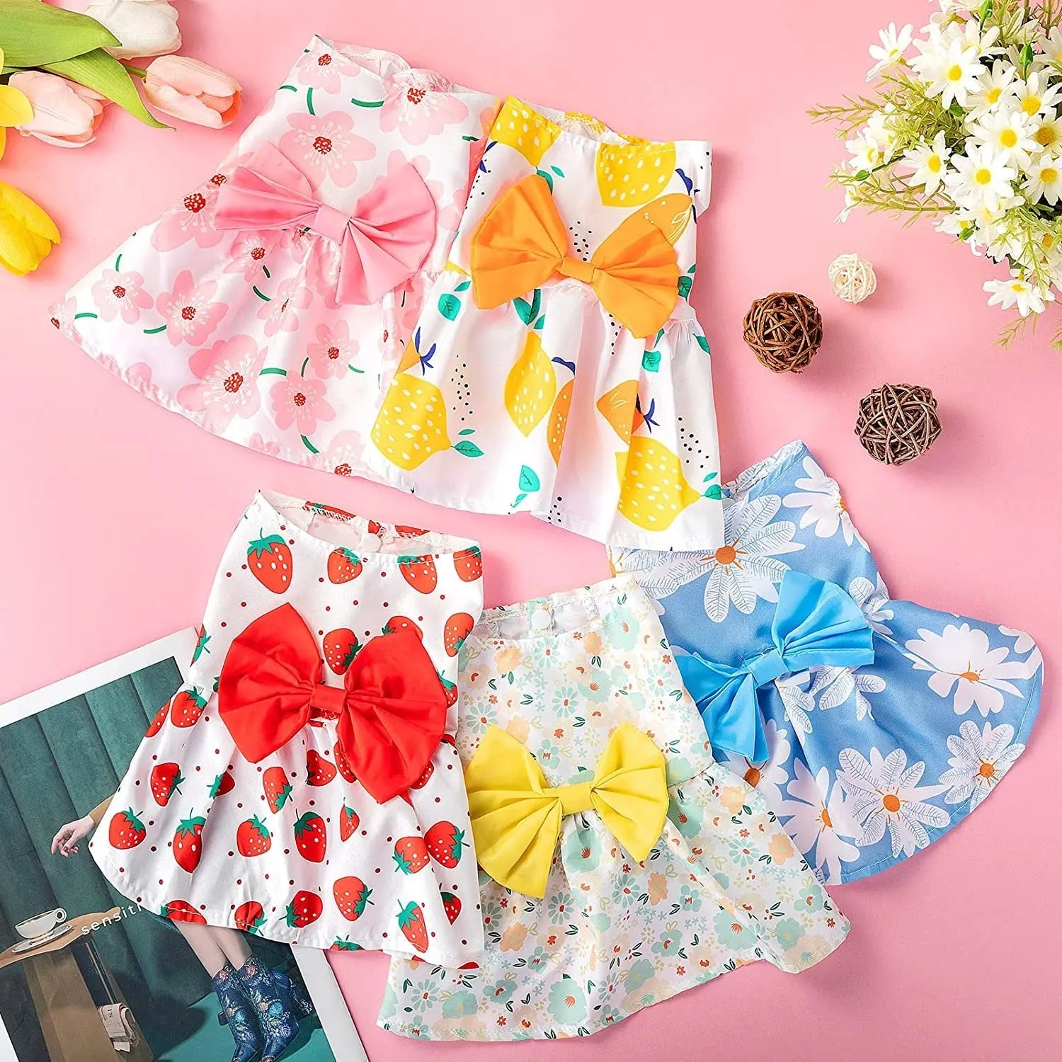 Floral Dog Dress Set Bow Summer Puppy Skirt Outfit Small Dogs Cats 5 Pack