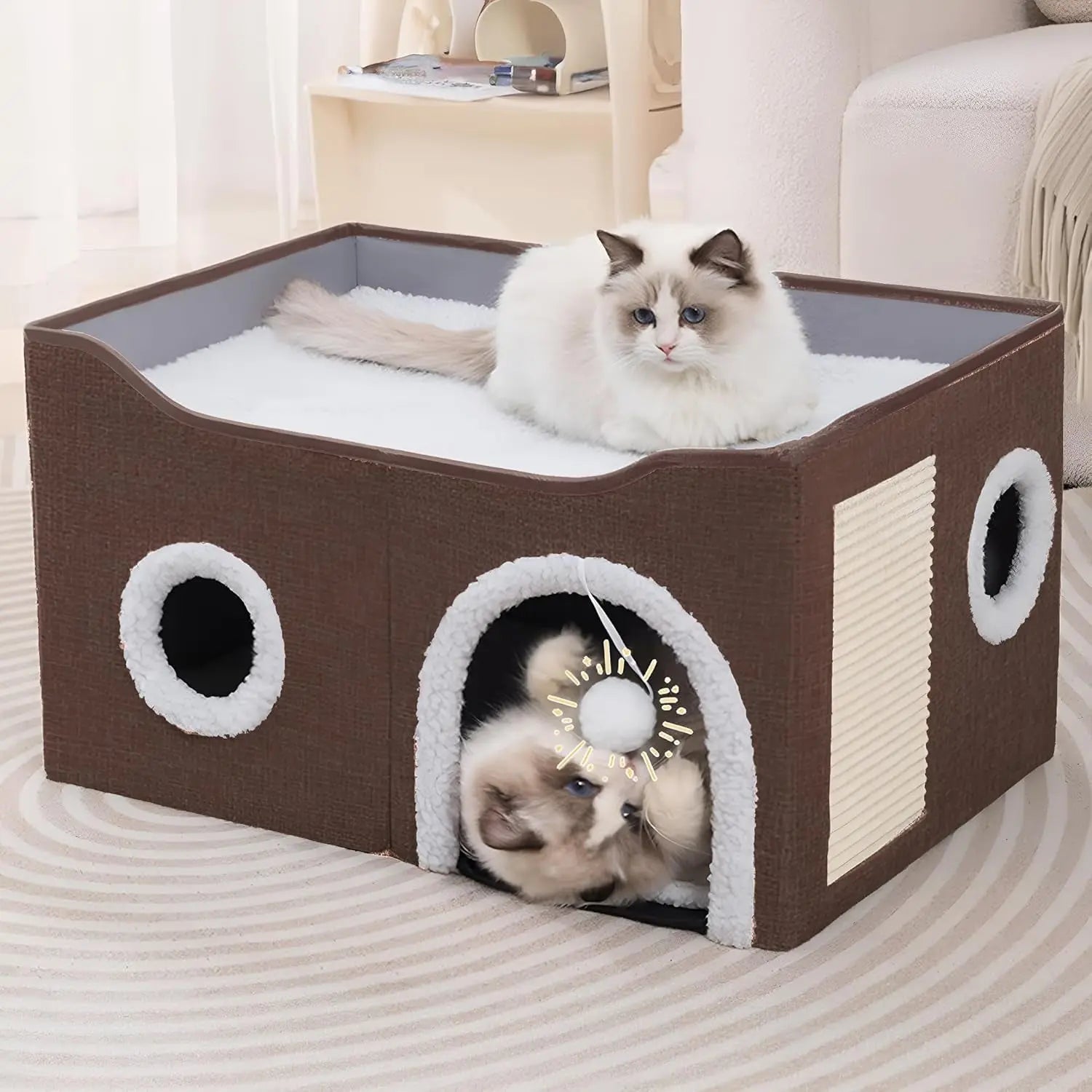 Indoor Cat House Cube with Bed, Scratch Pad & Toy Ball, Foldable Condo