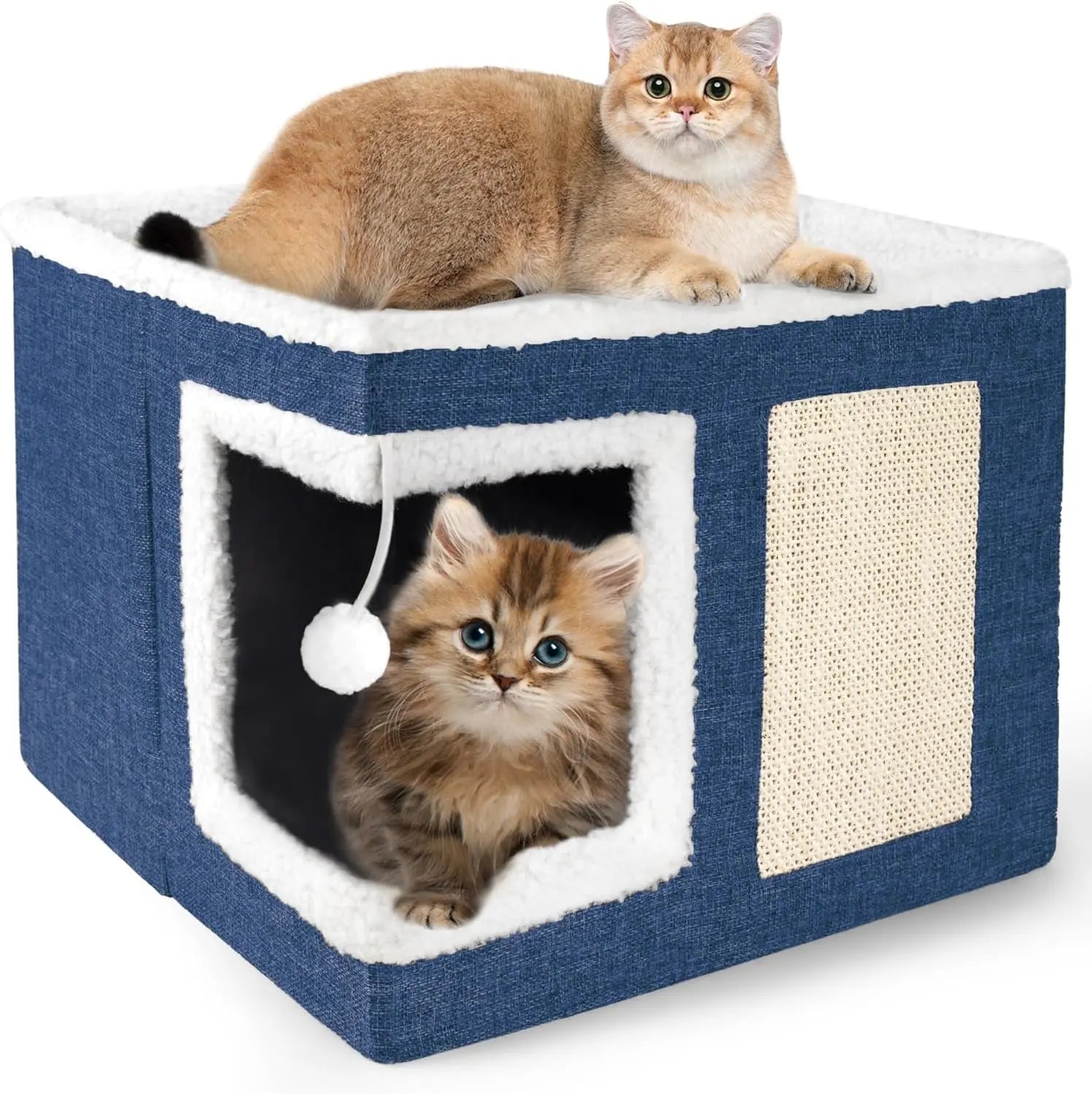 Indoor Cat House Cube with Bed, Scratch Pad & Toy Ball, Foldable Condo