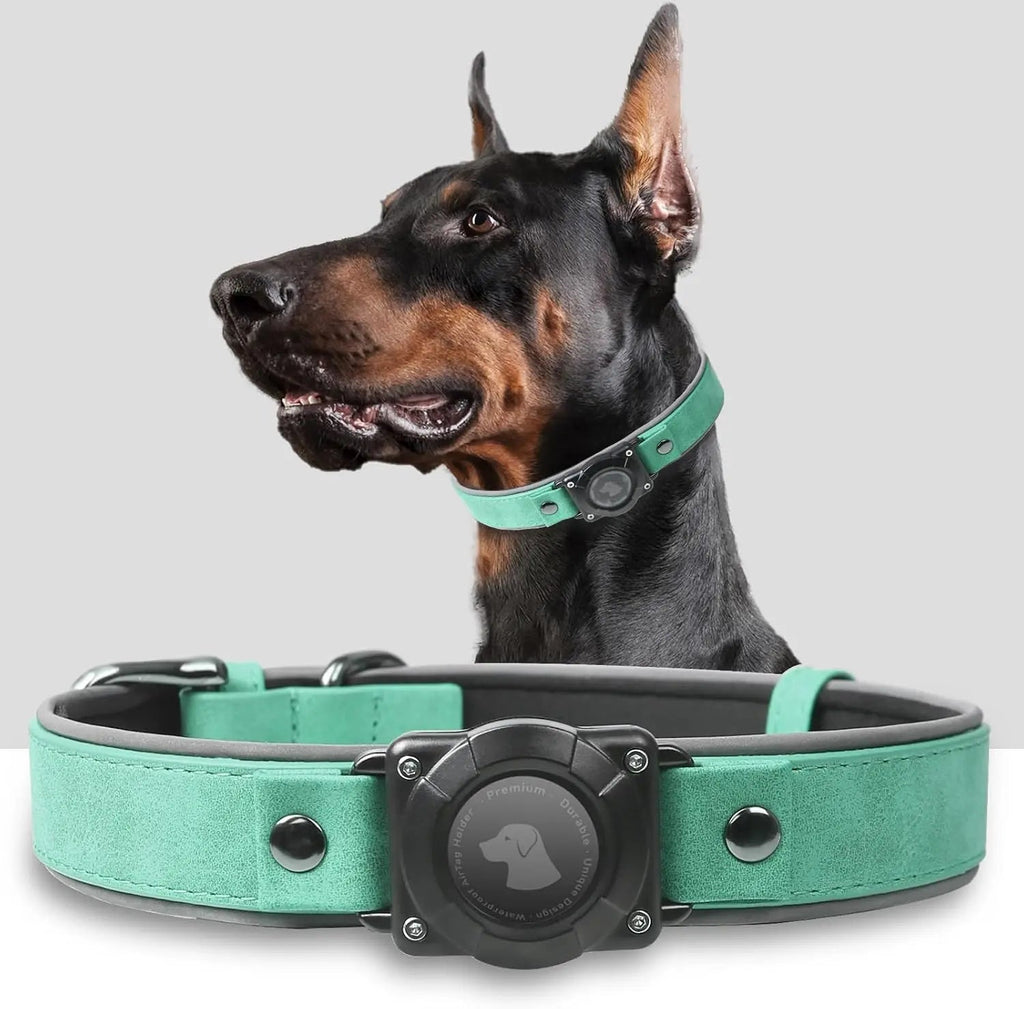 Leather AirTag Dog Collar - Elegant Design with Built-In Holder for Enhanced Pet Safety