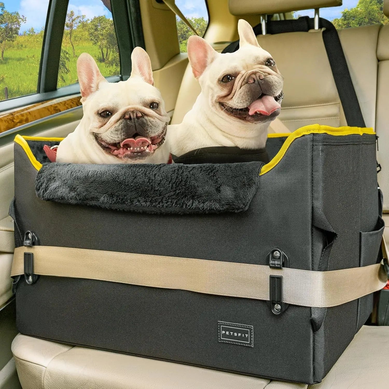Luxury Dog Booster Car Seat Waterproof PU Leather Safe Buckles Dual Leash