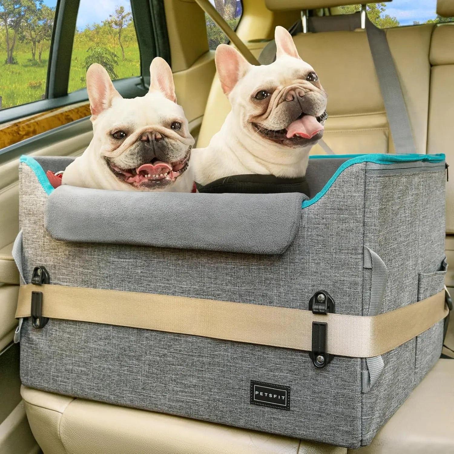 Luxury Dog Booster Car Seat Waterproof PU Leather Safe Buckles Dual Leash