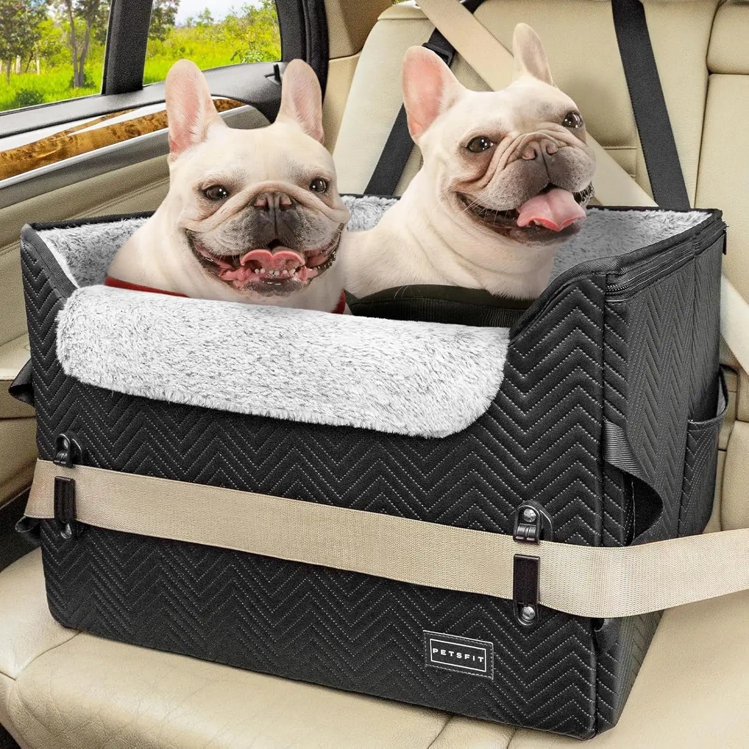 Luxury Dog Booster Car Seat Waterproof PU Leather Safe Buckles Dual Leash