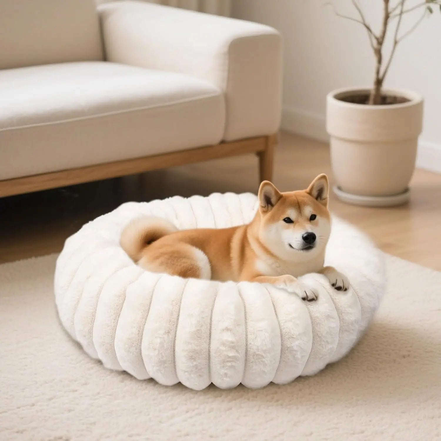 Luxury Donut Dog & Cat Bed, Faux Fur Calming Pet Bed with Non-Slip Base