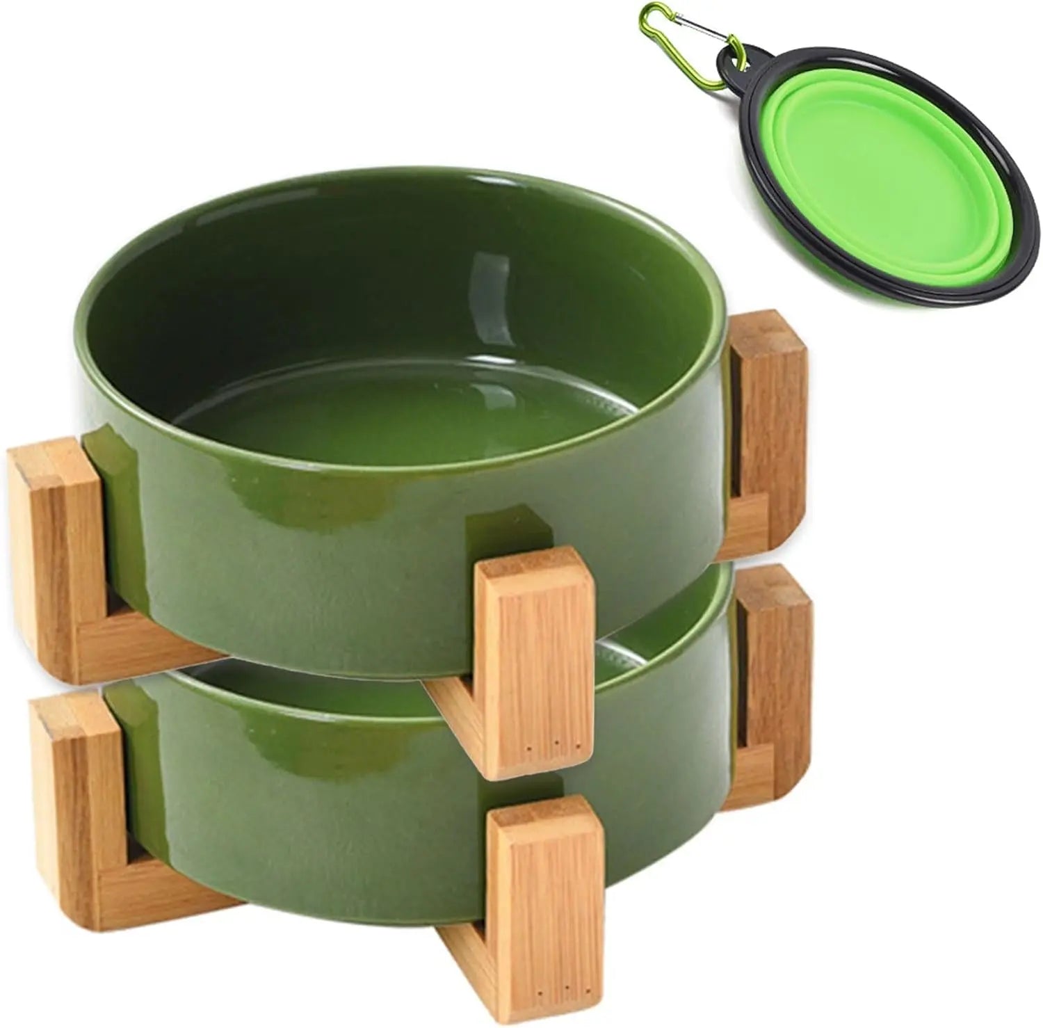 Modern Ceramic Cat & Dog Bowl Set with Wood Stand, Non-Slip, Set of 2