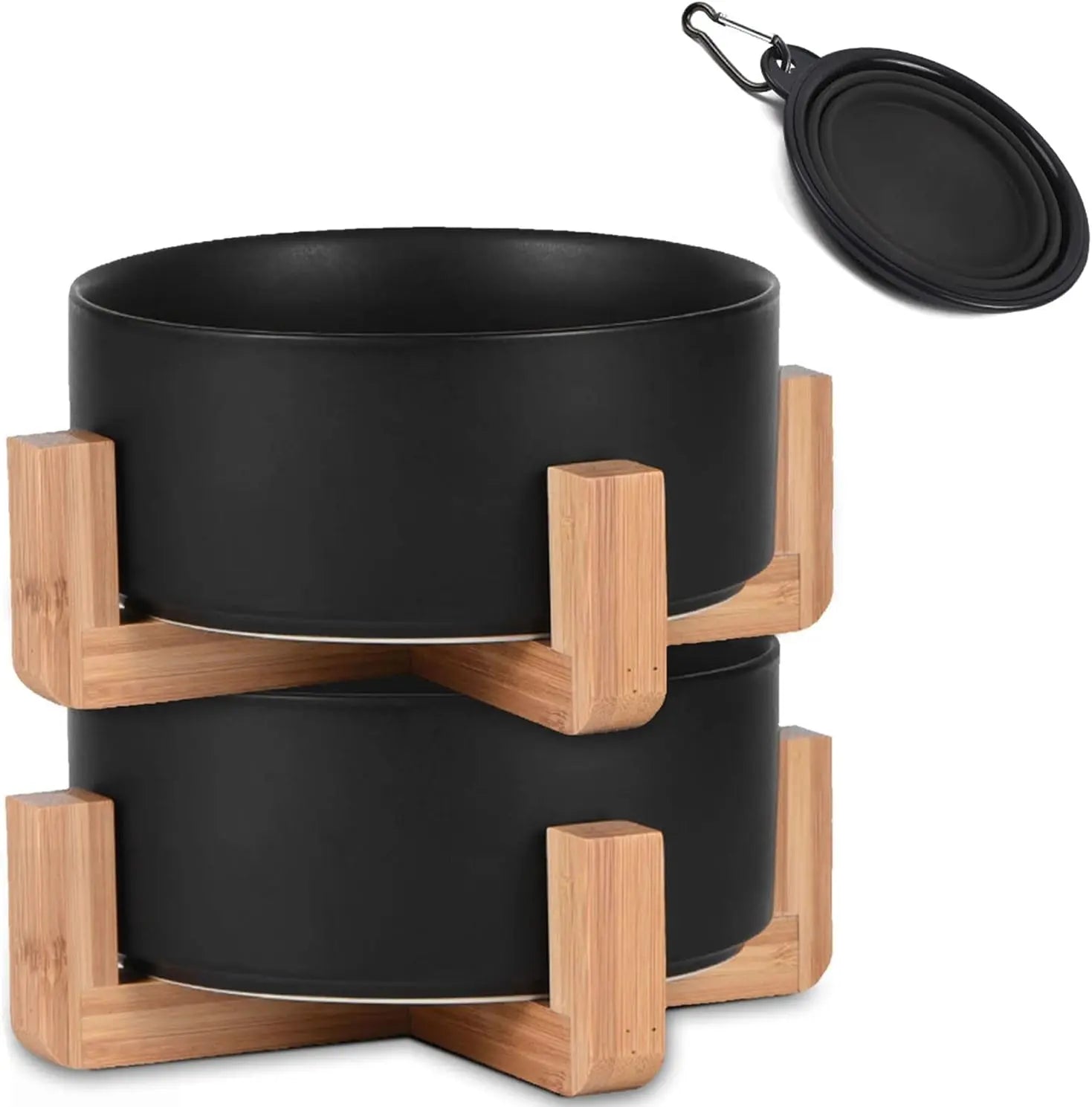 Modern Ceramic Cat & Dog Bowl Set with Wood Stand, Non-Slip, Set of 2