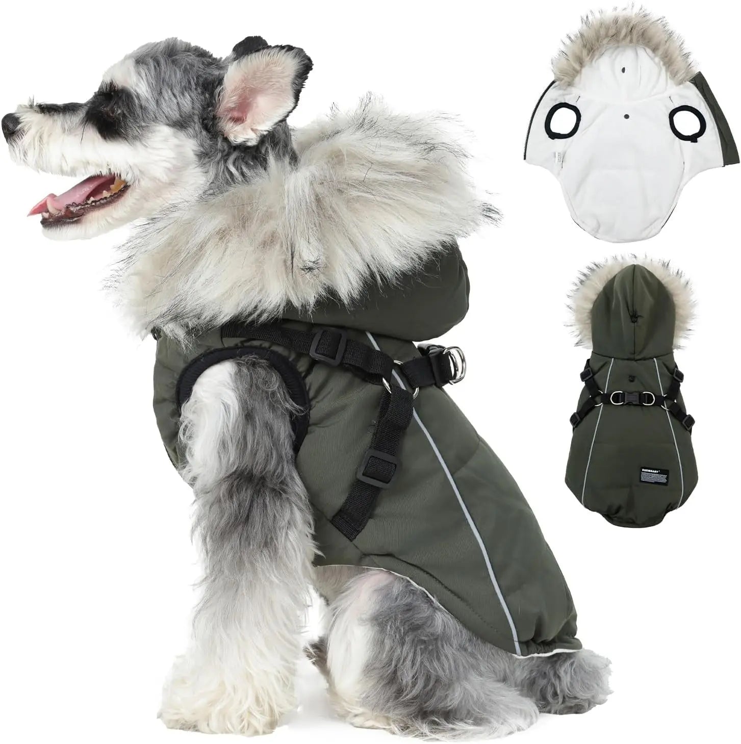 Waterproof Dog Coat Jacket with Faux Fur Hood & Reflective Strap