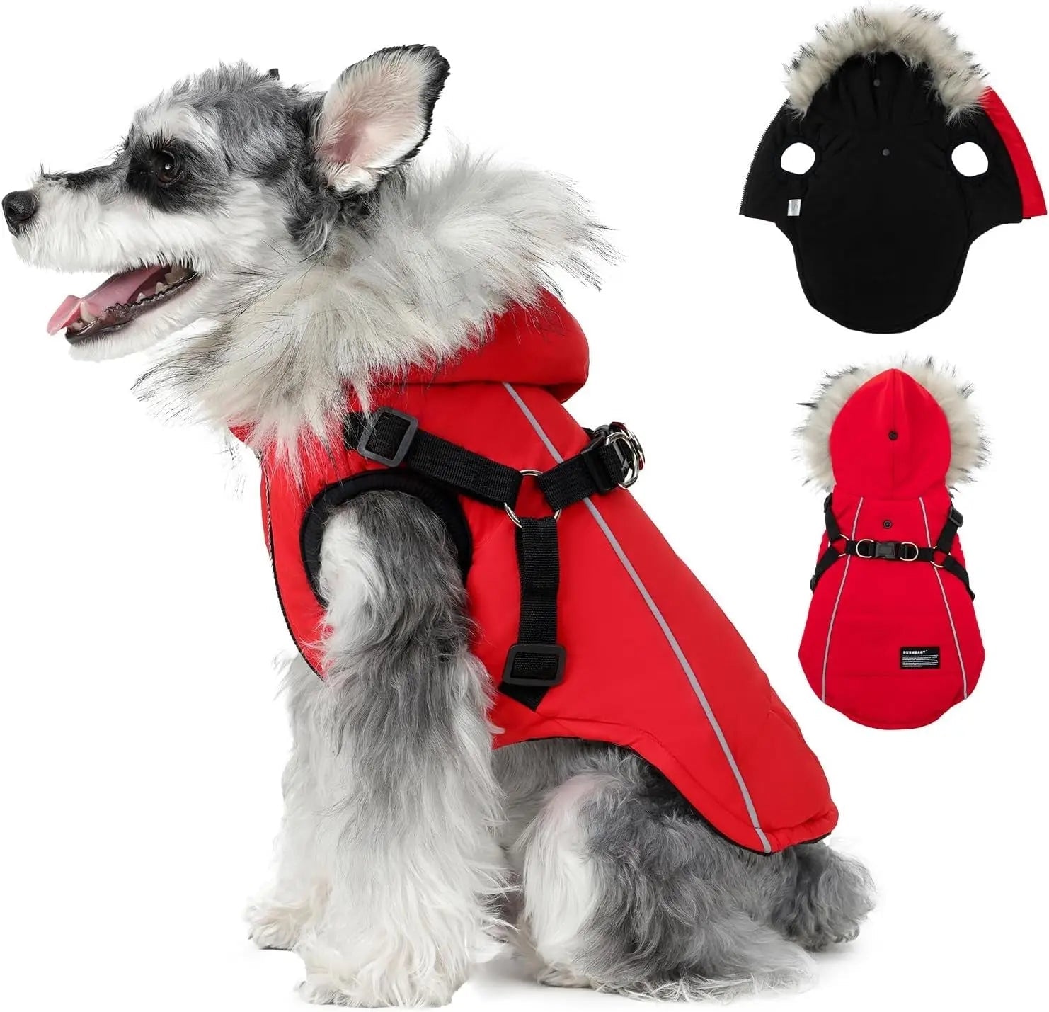 Waterproof Dog Coat Jacket with Faux Fur Hood & Reflective Strap