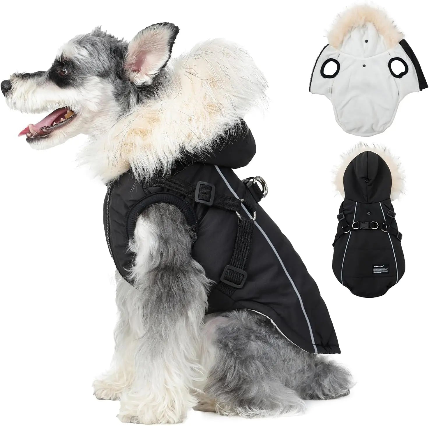 Waterproof Dog Coat Jacket with Faux Fur Hood & Reflective Strap