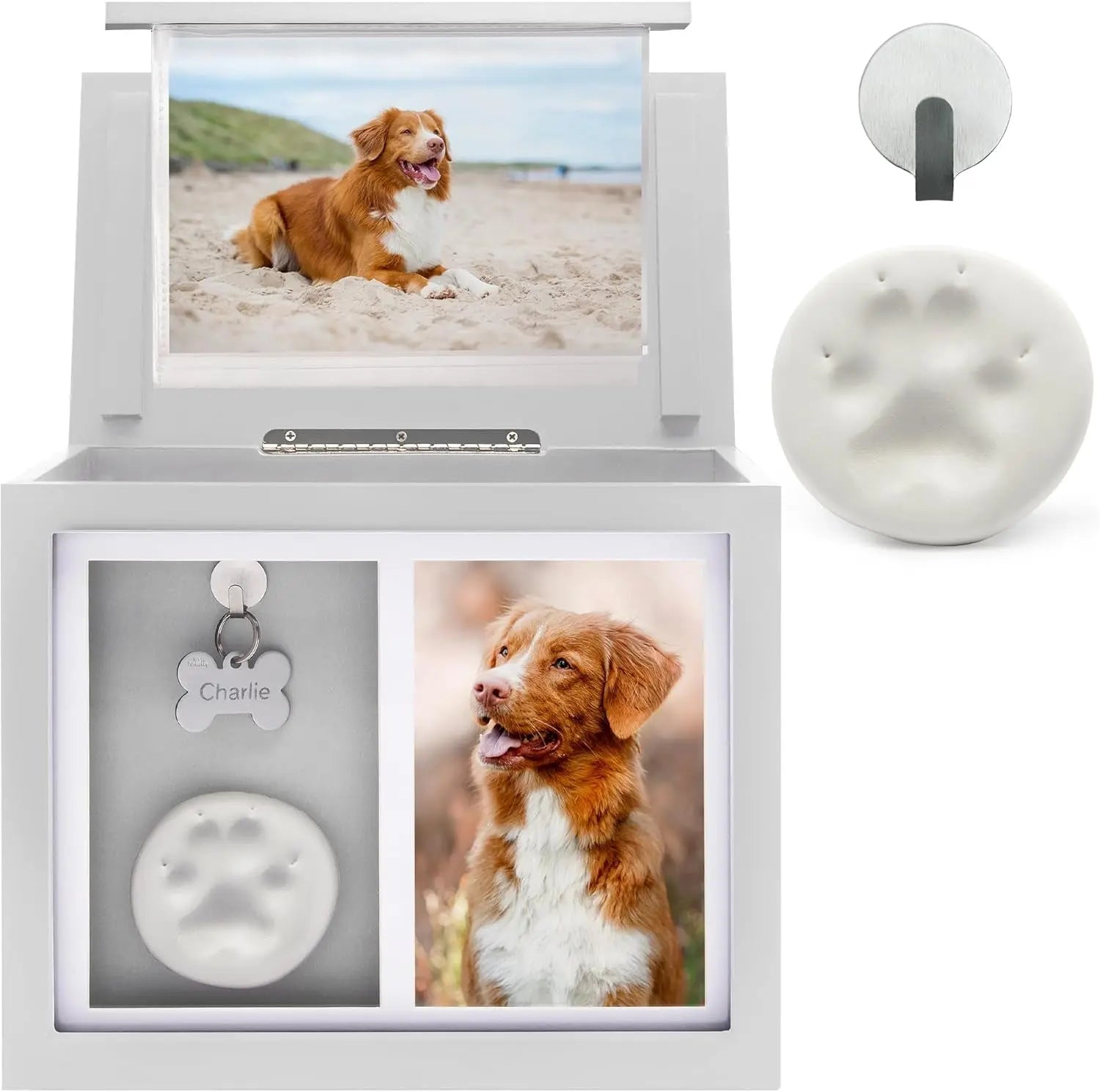 Pet Memorial Urn Keepsake Box with Photo Frame, Paw Print Kit & Photo Album