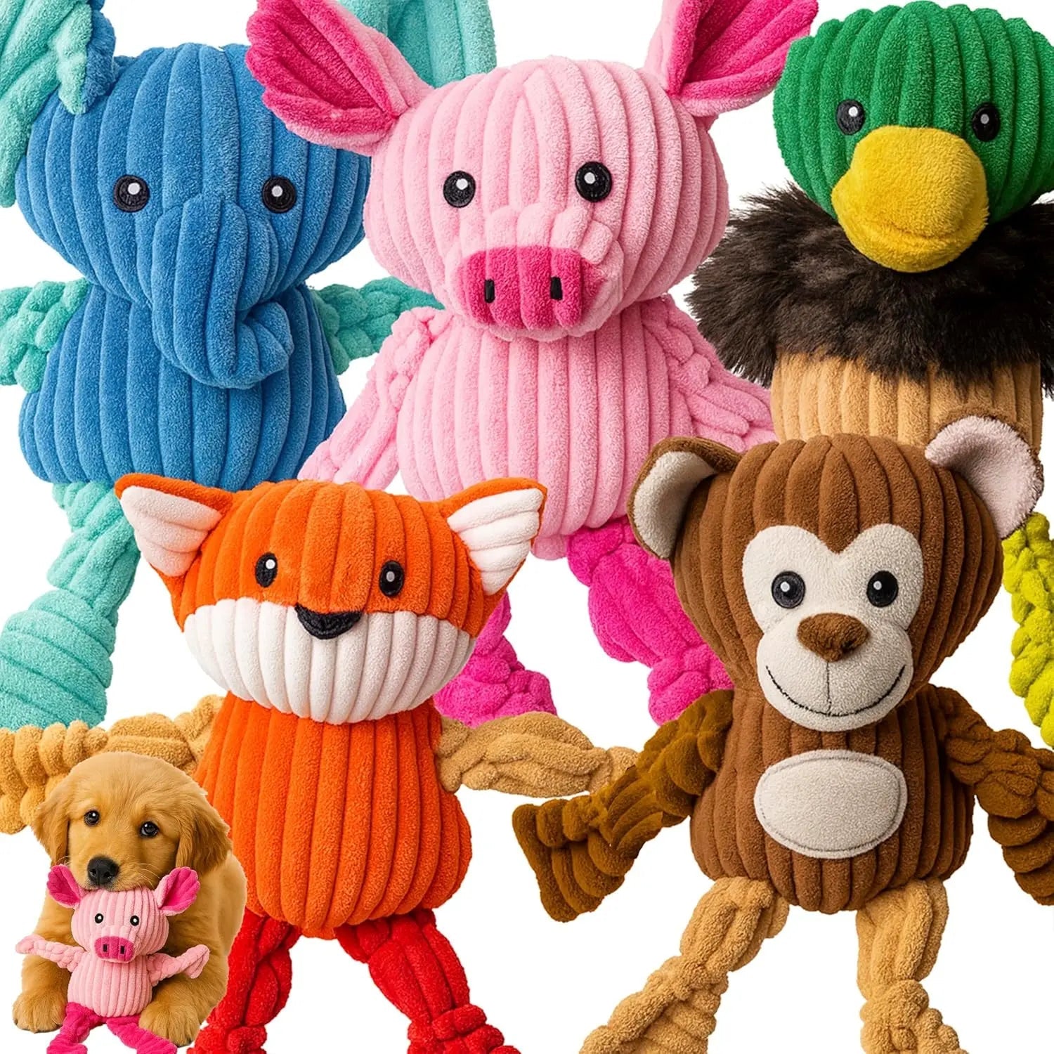 Plush Squeaky Dog Toys 5-Pack Corduroy Set for Medium & Large Dogs