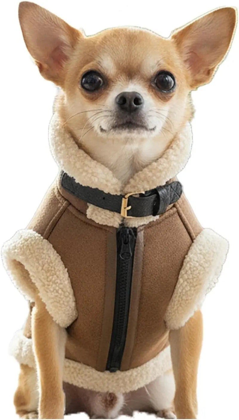 Retro Aviator Dog Jacket Faux Leather Sherpa Coat XS-3XL Winter