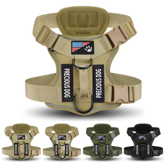 Anti-Pull Tactical Dog Harness with Night Reflective Strips, Heavy-Duty Nylon Military-Grade Vest-Style Leash for Large Dog