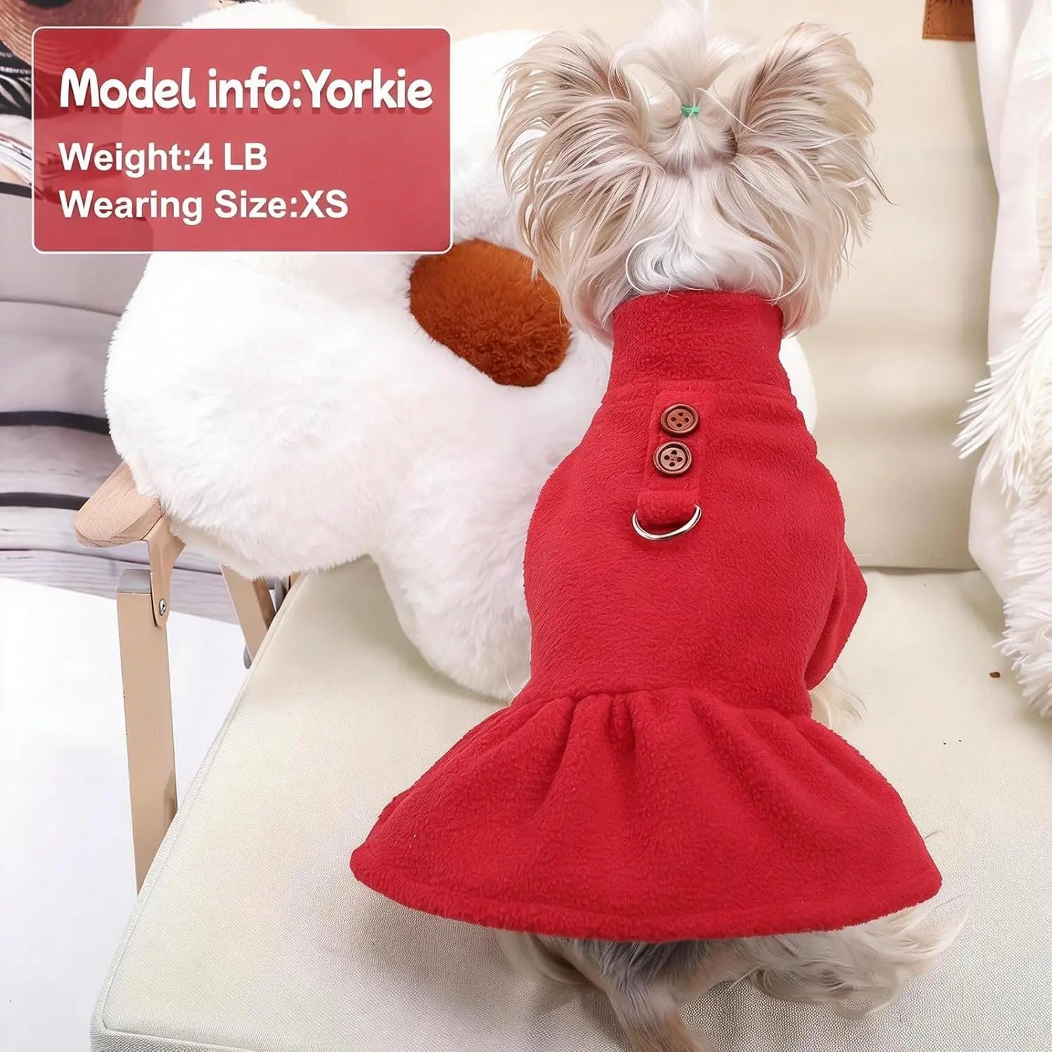 Small Dog Fleece Sweater Dress with Skirt & D-Ring Winter Puppy Outfit