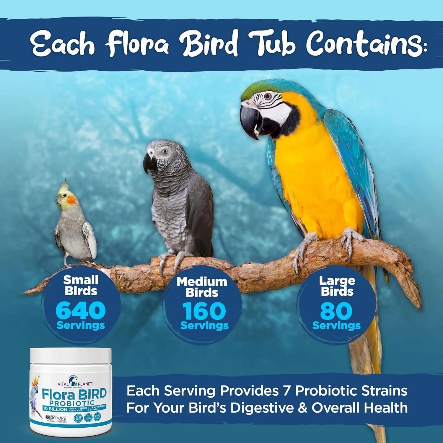 Vital Planet Flora Bird Probiotic Powder, 10 Billion CFU, 7 Strains