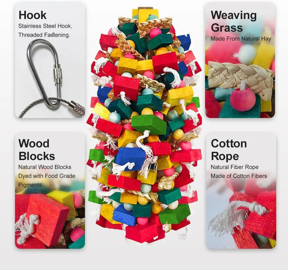 XL Parrot Chew Toy – Premium Natural Wood & Cotton Chew Toy for Macaws, Cockatoos & Amazons