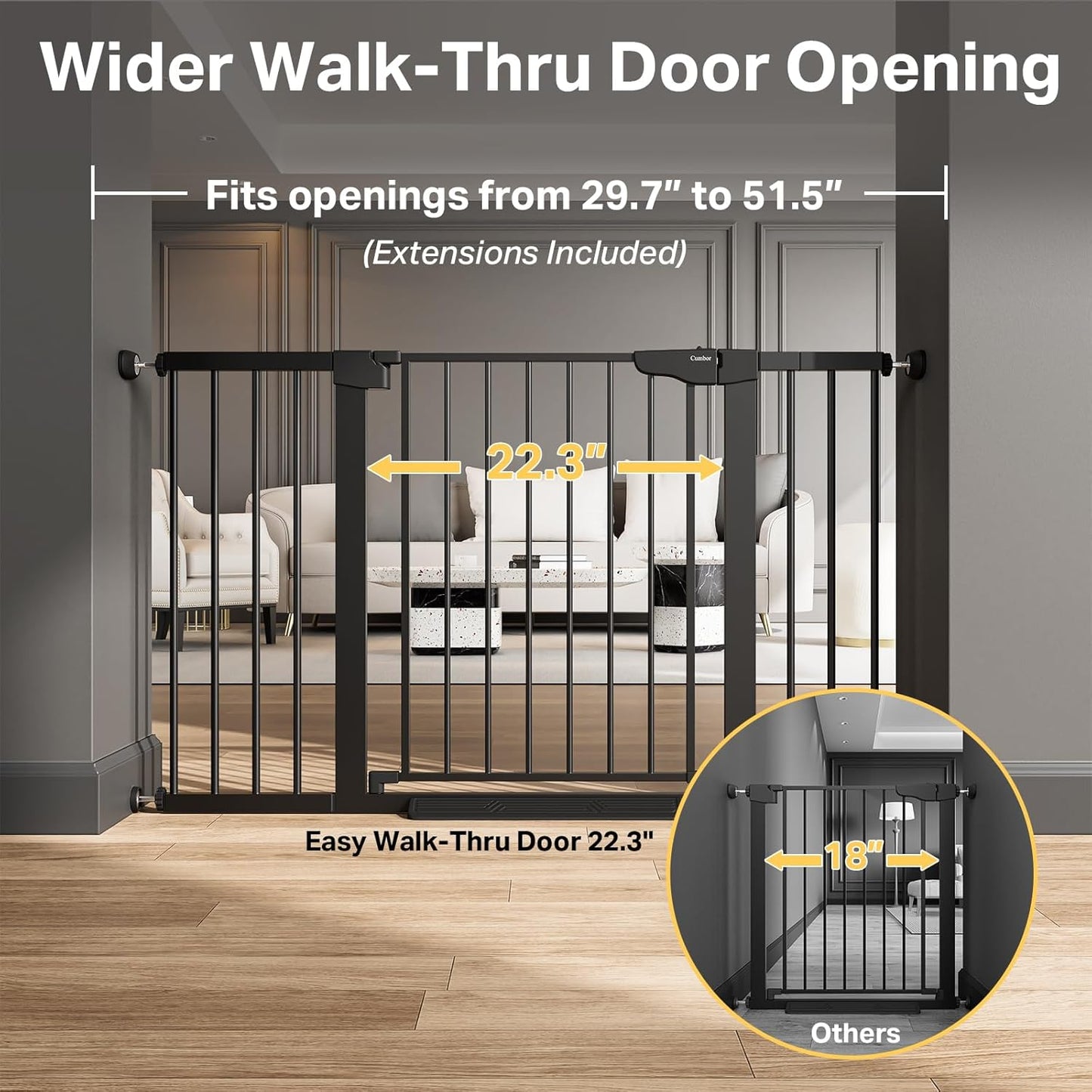 29.7-51.5 in Extra Wide Baby Gate for Stairs, Dog Gate Indoor Black | Mom'S Choice Awards Winner, Auto Close with Double Lock for Doorways, Child Gate for Toddlers & Pets, Pressure Mounted