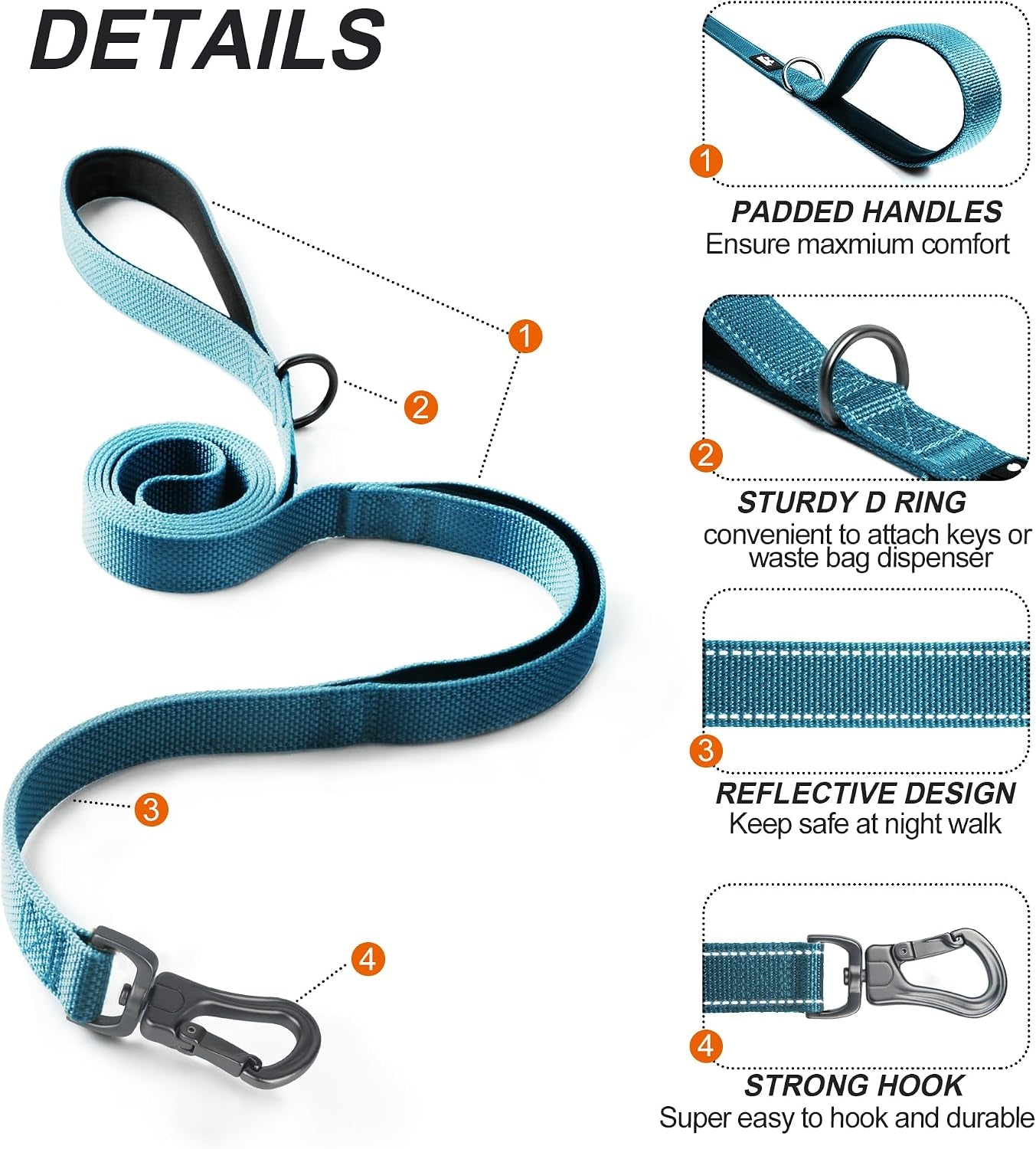 5FT 1IN Heavy Duty Dog Leash for Large Dogs with 2 Padded Handles | Traffic Handle Extra Control, Auto Lock Hook, Strong Reflective Walking Leash for Night Safety, Medium and Large Breeds,Blue